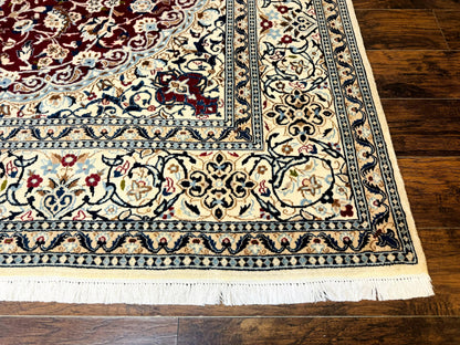 Persian Nain Rug 8x11, Wool and Silk Highlights, Burgundy & Ivory