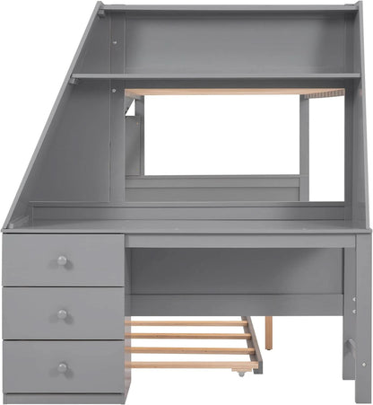 Gray Twin Over Full Bunk Bed With Trundle And Desk
