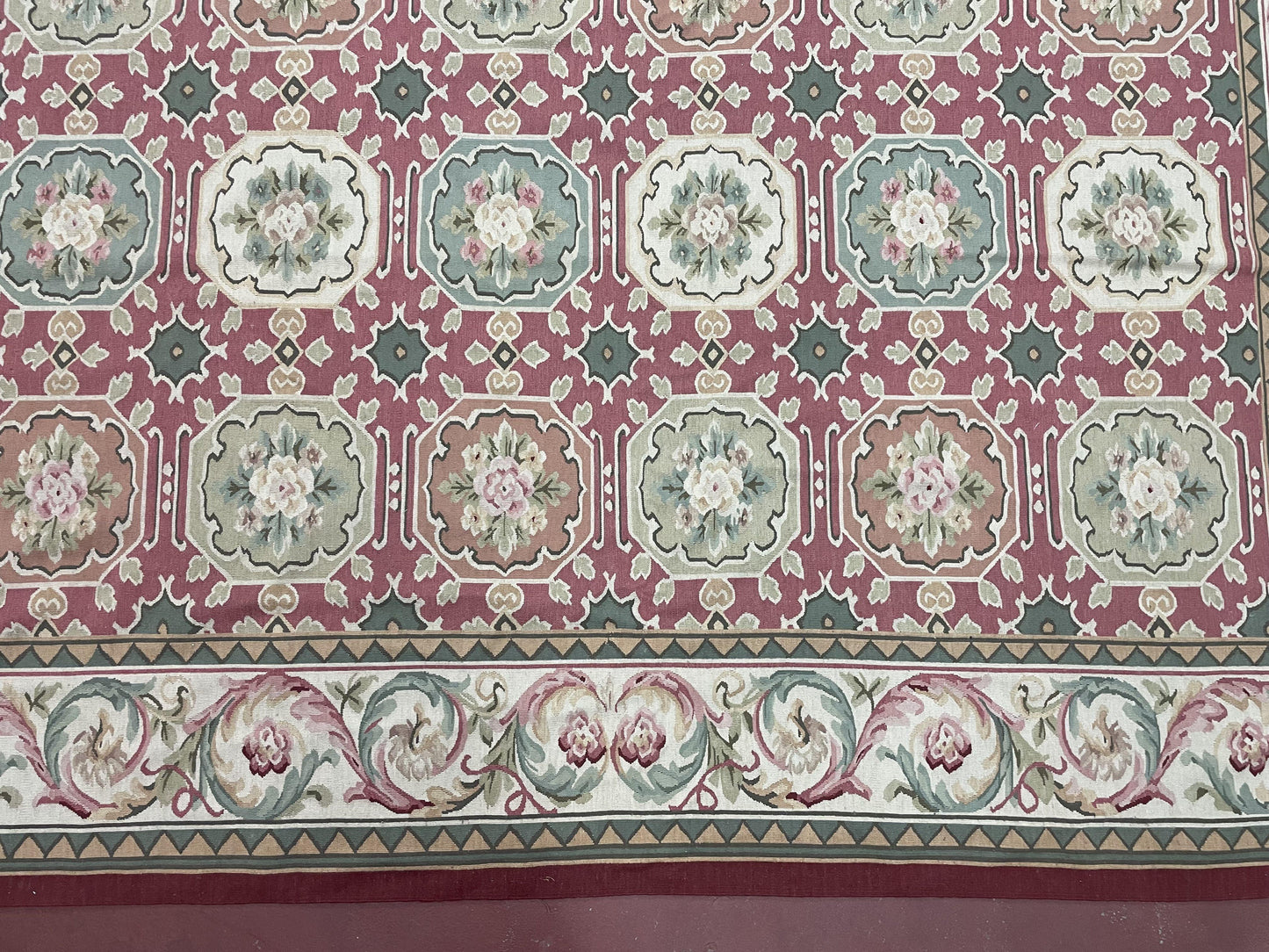 9x9 Square Rug Hand Knotted, Needlepoint Aubusson Carpet, Blush Red, Beige, Green, New, Mint Condition Area Rug, English European Design
