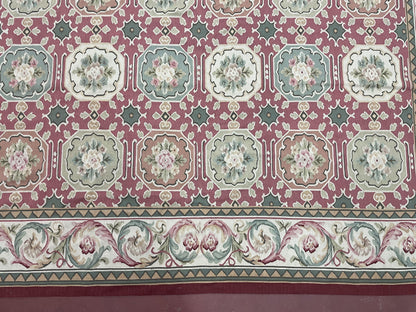 9x9 Square Rug Hand Knotted, Needlepoint Aubusson Carpet, Blush Red, Beige, Green, New, Mint Condition Area Rug, English European Design