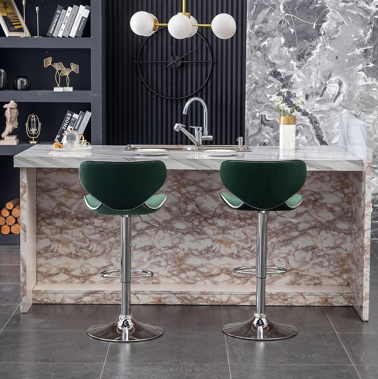 Green Velvet Upholstered Adjustable Swivel Bar Stools Set 2
