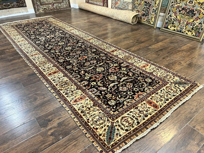 Indo Persian Rug 5x15, Wide Runner Rug 5 x 15 ft, Wool Hand Knotted Vintage Carpet, Black & Cream, Floral Allover Long Oriental Rug