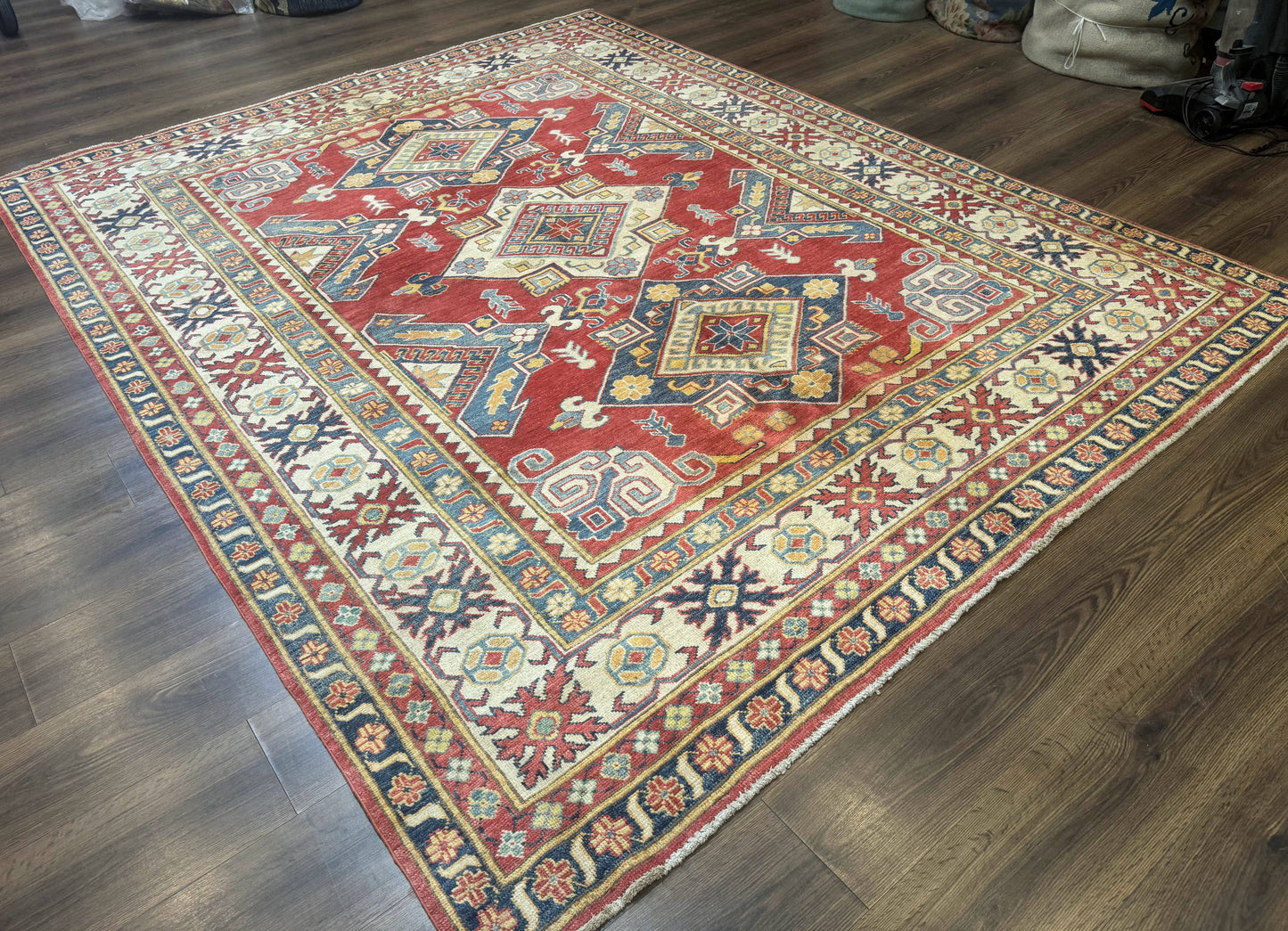 Turkish Kazak Rug 7.6 x 9.5, Geometric Medallions, Caucasian Pattern