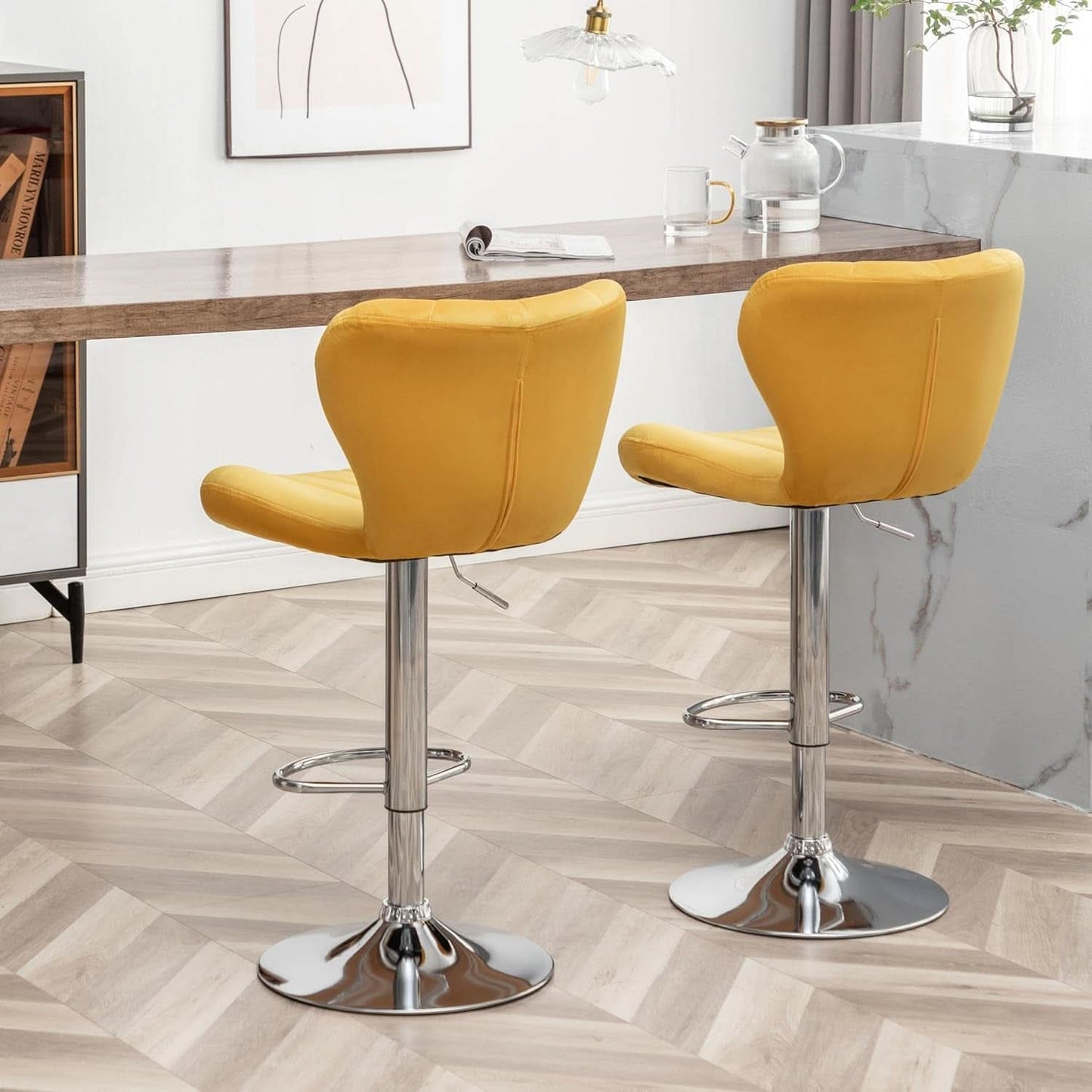 Yellow Adjustable Swivel Bar Stools Set Of 2 For Kitchen