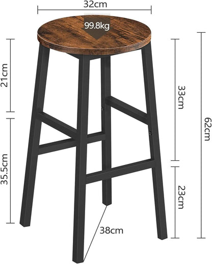 Round Bar Stools Set of 2 With Footrest 24.4 Inch Industrial Rustic Brown