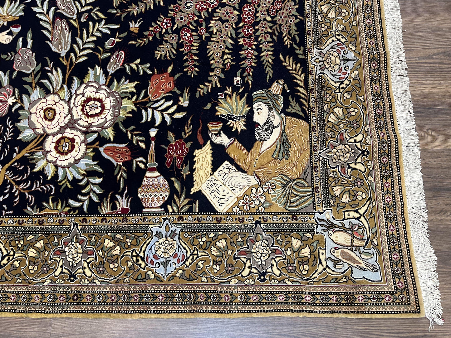 Persian Qum Pictorial Rug 4.8 x 6.5 - Layla & Majnun, Birds