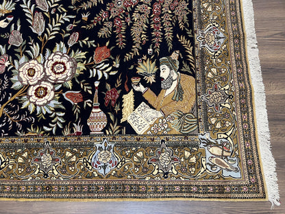 Persian Qum Pictorial Rug 4.8 x 6.5 - Layla & Majnun, Birds