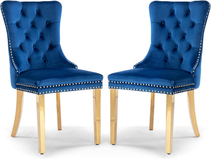 Blue Velvet Dining Chair Set Of 2 With Tufted Nailhead Trim