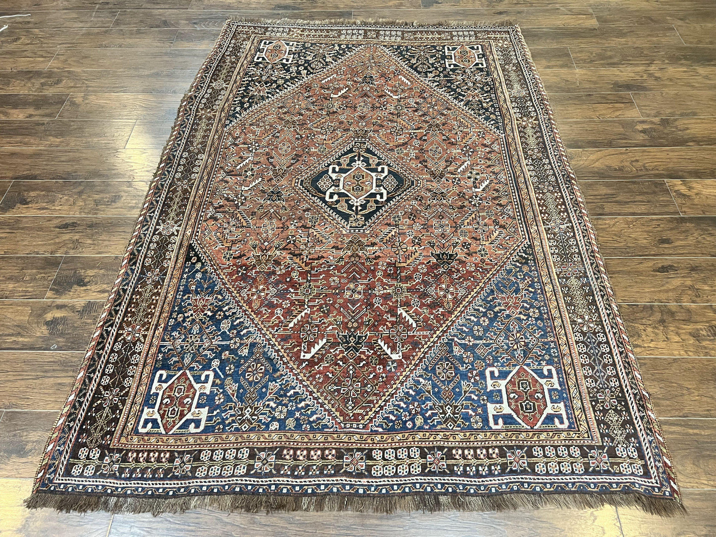 Antique Persian Shiraz Tribal Rug 6x8, Geometric Rug, Wool Handmade Hand Knotted Carpet, Red Blue