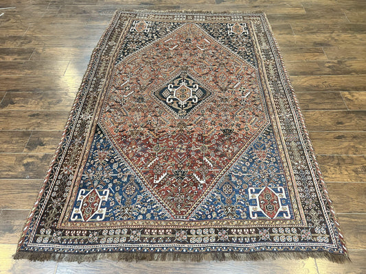 Antique Persian Shiraz Tribal Rug 6x8, Geometric Rug, Wool Handmade Hand Knotted Carpet, Red Blue