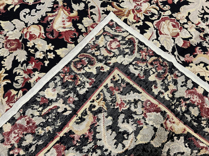 Wool Needlepoint Rug 9x12, William Morris Vintage Chinese Needlepoint Carpet 9 x 12, Handwoven, Allover Floral Area Rug, Black Light Green