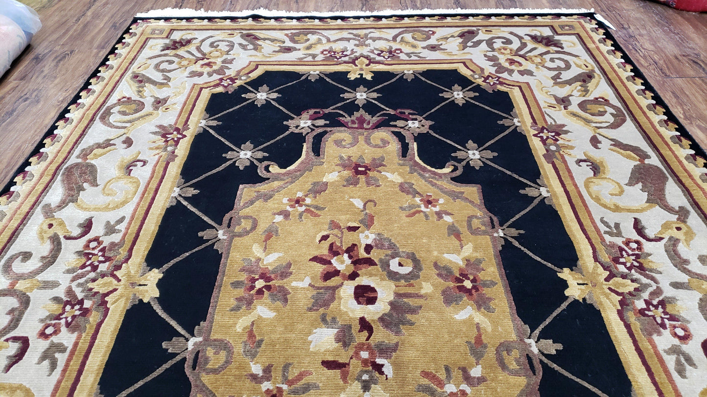 6x9 Nepalese Rug, Aubusson Savonnerie Area Rug 6 x 9 with Soft Pile, Hand-Knotted Wool Black & Beige Tibetan New Carpet European Design