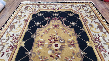 6x9 Nepalese Rug, Aubusson Savonnerie Area Rug 6 x 9 with Soft Pile, Hand-Knotted Wool Black & Beige Tibetan New Carpet European Design