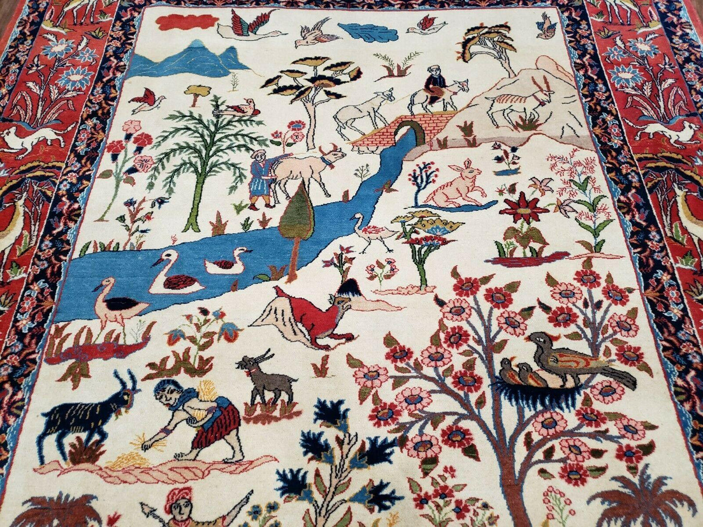 Antique Persian Isfahan Rug 5x7, Animal and Human Pictorials, Hand Knotted Fine Oriental Wool Carpet, Cream and Red, High KPSI, Vintage Rug 5 x 7 ft