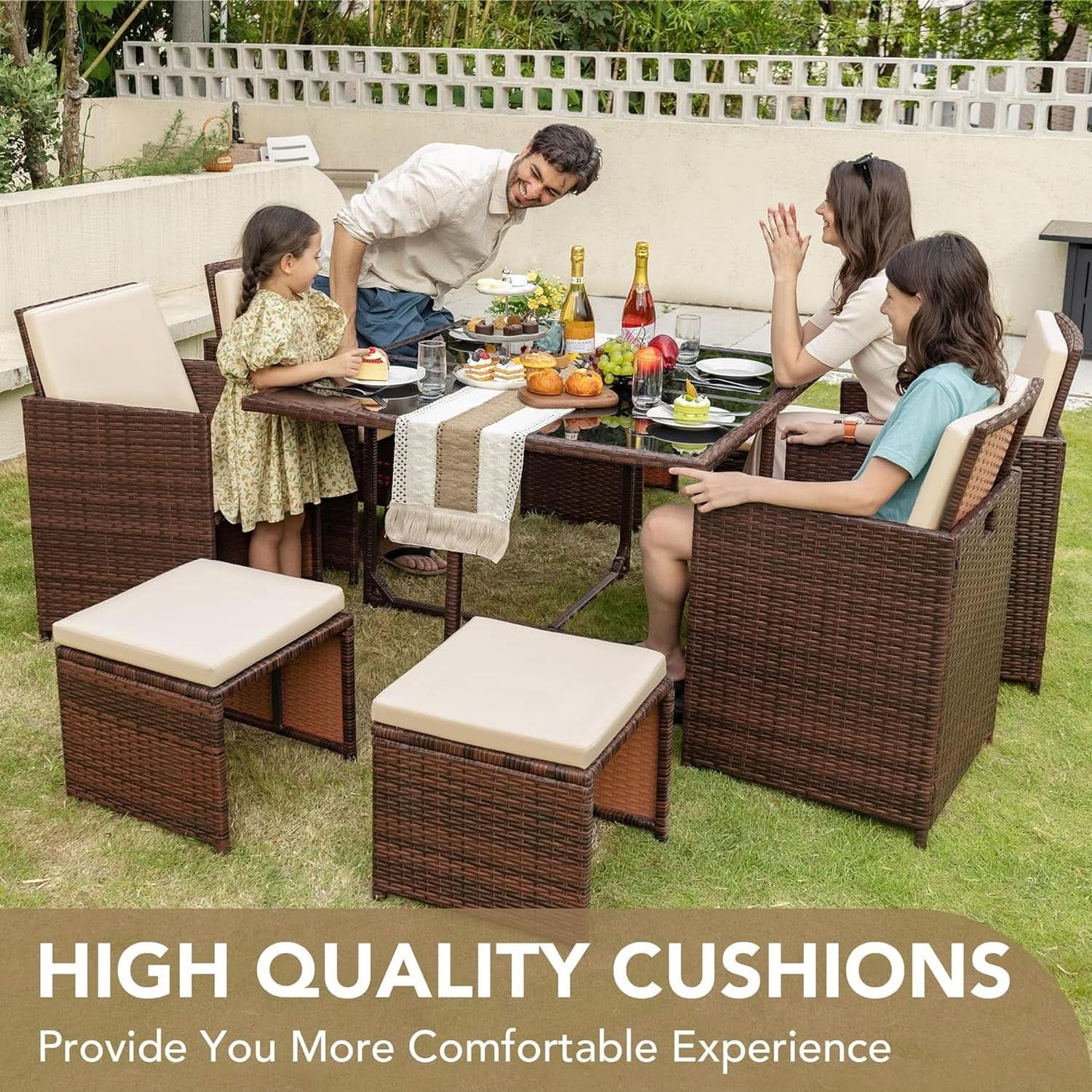 9 Piece Outdoor Patio Dining Set Rattan Chairs With Glass Table Beige Cushioned
