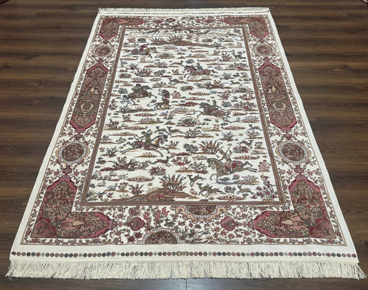 Turkish Silk Rug 5x8, Ivory, Hunting Design, Animal Pictorials, Bamboo Silk