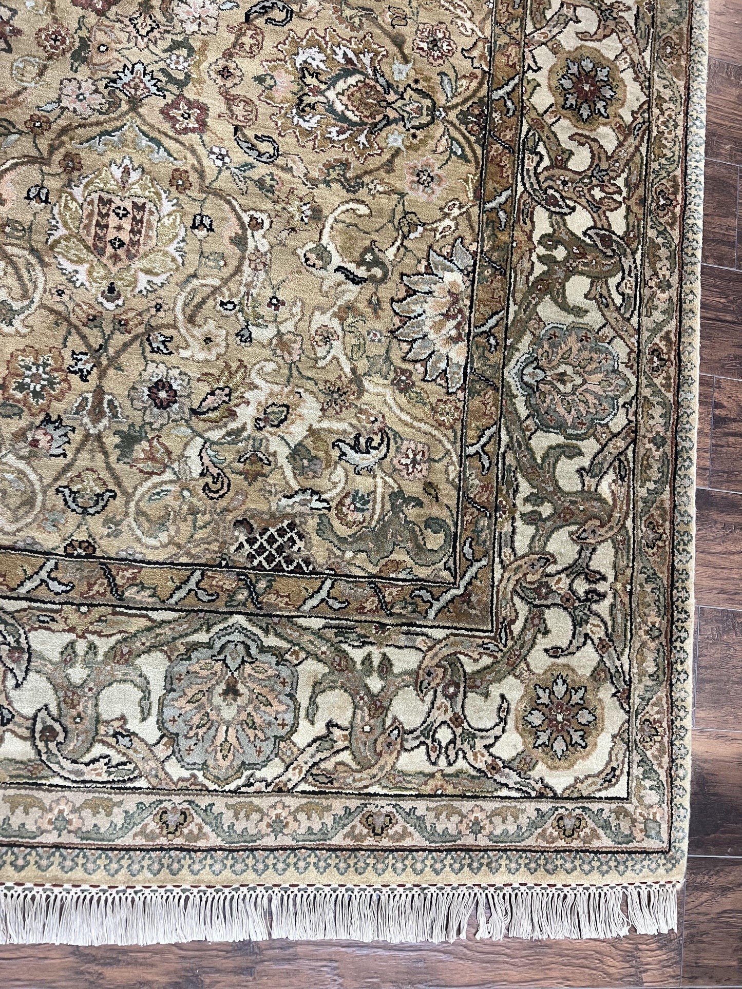 Indo Mahal Rug 8x10, Indian Jaipur Rug 8 x 10 ft, Wool Indo Persian Carpet, Handmade Traditional Floral Area Rug, Olive Green, Vintage Rug