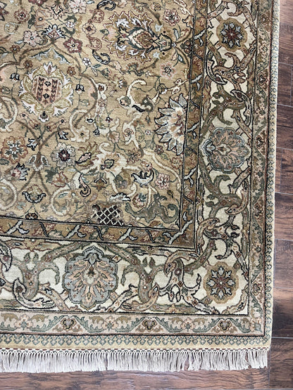 Indo Mahal Rug 8x10, Indian Jaipur Rug 8 x 10 ft, Wool Indo Persian Carpet, Handmade Traditional Floral Area Rug, Olive Green, Vintage Rug