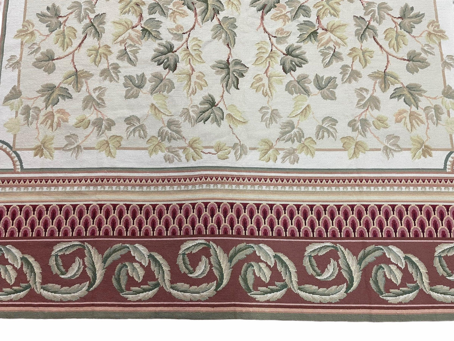 Traditional Aubusson Needlepoint Rug 9 x 12, Flowers, Flatweave Carpet, Hand-Knotted, Brand New, Cream Color, Green, Maroon Red, Wool