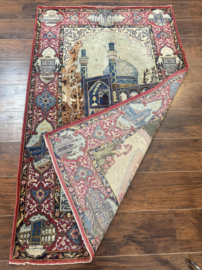 Persian Isfahan Pictorial Rug 3.6 x 5.7, Very Fine 400 KPSI, Historical Buildings, Signed By Masterweaver, Handmade