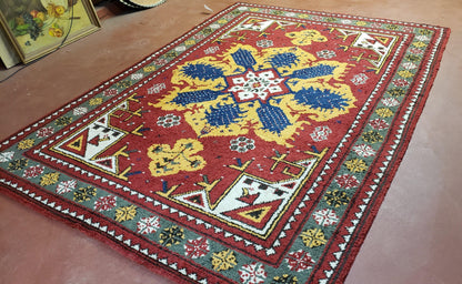 Colorful Moroccan Heriz Rug 6x9, Large Central Medallion, Red Yellow Blue