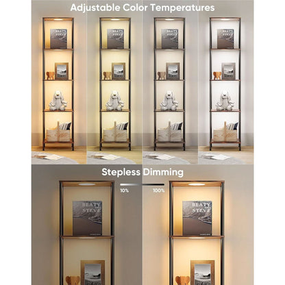 Display Shelf With RGBW Light Floor Lamp 5 Tier Brown