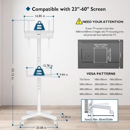 Mobile TV Stand For 23-60 Inch TVs Adjustable Height Locking Wheels White