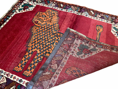 Antique Persian Gabbeh Wool Rug 4x5, Lion Pictorial Rug, Red Orange Black, Hand Knotted Handmade Vintage Gabbeh Carpet 4 x 5 ft, Tribal Rug