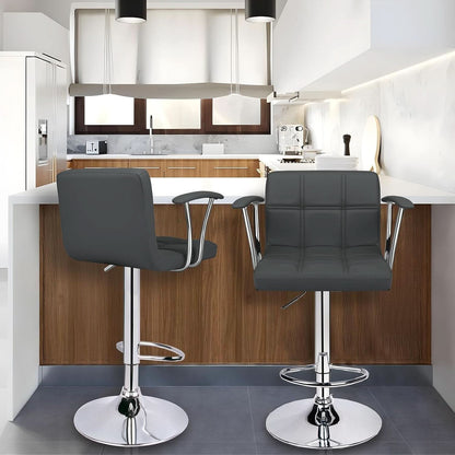 Two Adjustable Swivel Bar Stools With Back Grey PU Leather