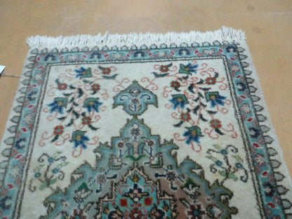 1' 9" X 2' 5" Handmade Indian Wool Rug Lahore Floral Design Small Oriental Rug Beige & Teal
