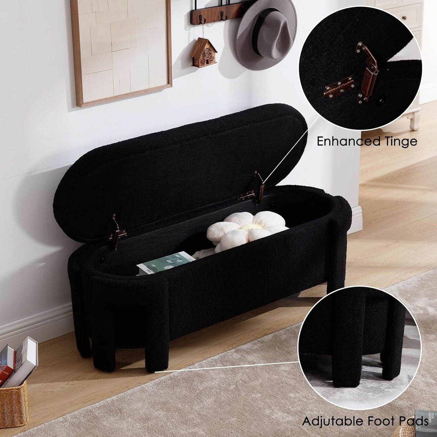 FiftyInch Sherpa Black Upholstered Storage Bench Ottoman