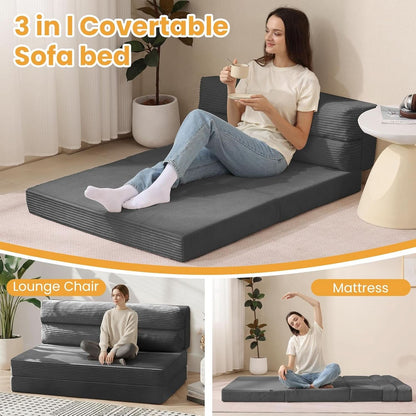 Full Size Transformable Memory Foam Sofa Bed Grey Corduroy