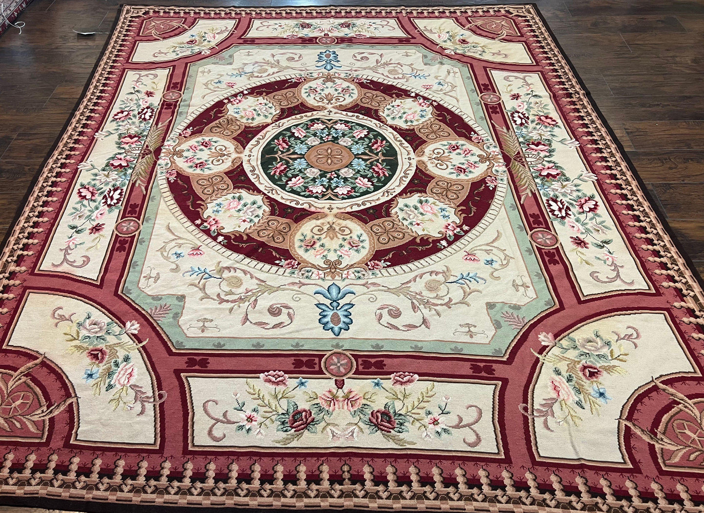 Needlepoint Rug 7.9 x 9, Beige Maroon Rose, Handmade Handwoven Flatweave Aubusson Savonnerie French European Elegant Carpet, Wool Rug