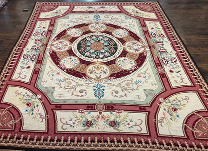 Needlepoint Rug 7.9 x 9, Beige Maroon Rose, Handmade Handwoven Flatweave Aubusson Savonnerie French European Elegant Carpet, Wool Rug