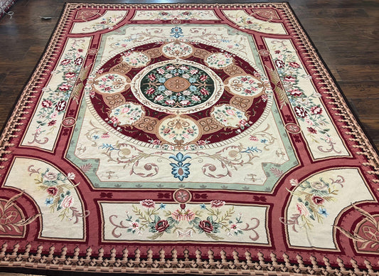 Needlepoint Rug 7.9 x 9, Beige Maroon Rose, Handmade Handwoven Flatweave Aubusson Savonnerie French European Elegant Carpet, Wool Rug