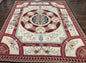 Needlepoint Rug 7.9 x 9, Beige Maroon Rose, Handmade Handwoven Flatweave Aubusson Savonnerie French European Elegant Carpet, Wool Rug