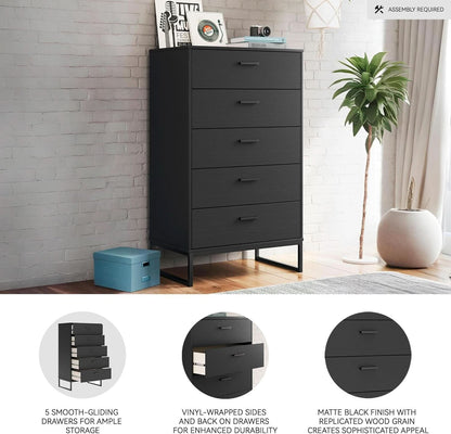 Modern 5-Drawer Chest with Safety Stop, Black Finish for Bedroom