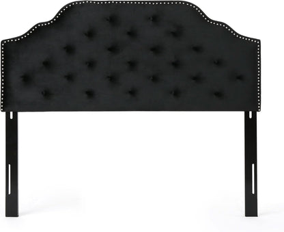 Contemporary Black Velvet Headboard with Button Tufted Design