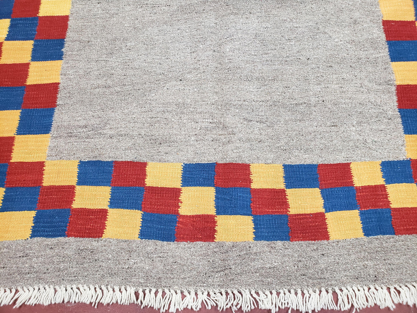 New Turkish Kilim Area Rug, Gray Carpet With Colorful Checker Border, 5'6" x 8", Flatweave Carpet, Playroom Rug, Kids Room Rug, Hand-Knotted