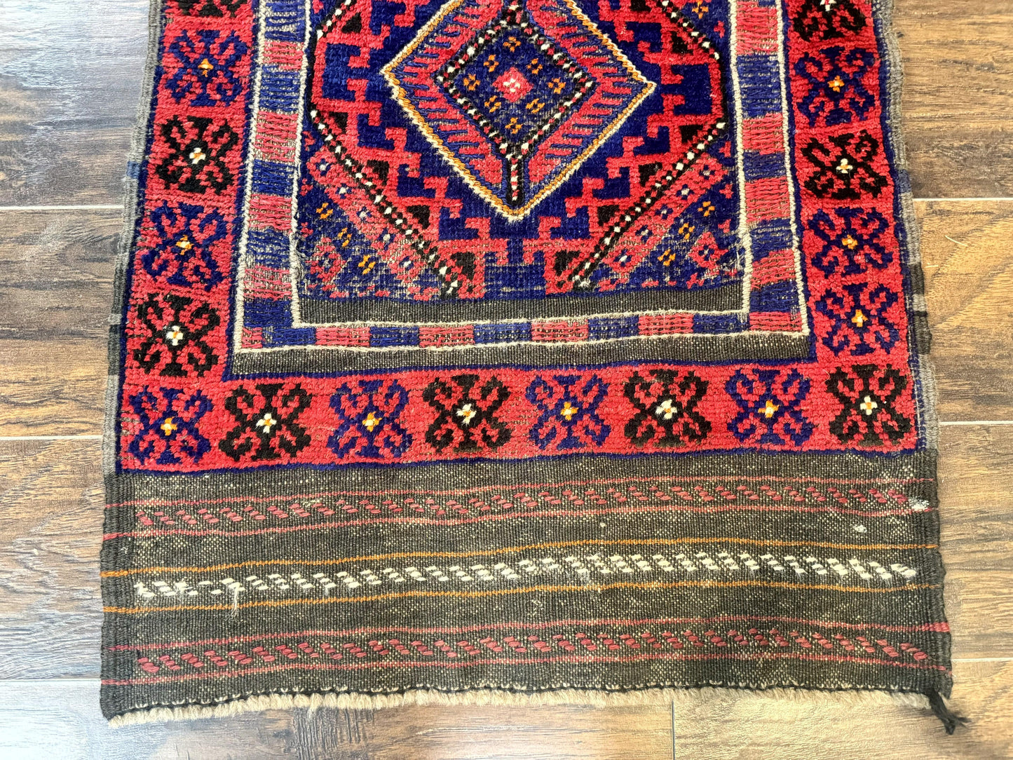 Turkoman Runner Rug 2 x 8.6, Skinny Runner, Handmade Wool Carpet for Hallway, Red and Blue, Wool, Vintage 8ft Runner