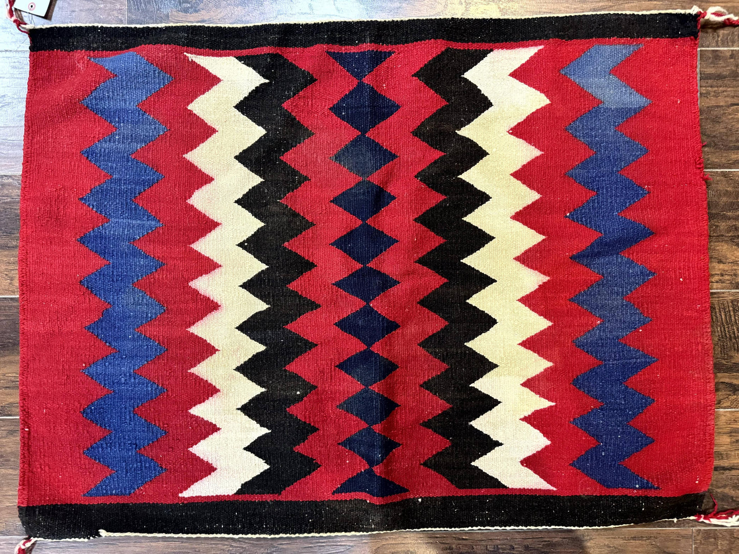Antique Navajo Rug 3.7 x 2.8, Red Ivory Blue, Zig Zag Pattern, Handmade, Wool