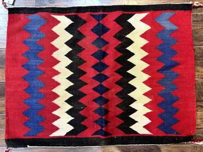 Antique Navajo Rug 3.7 x 2.8, Red Ivory Blue, Zig Zag Pattern, Handmade, Wool