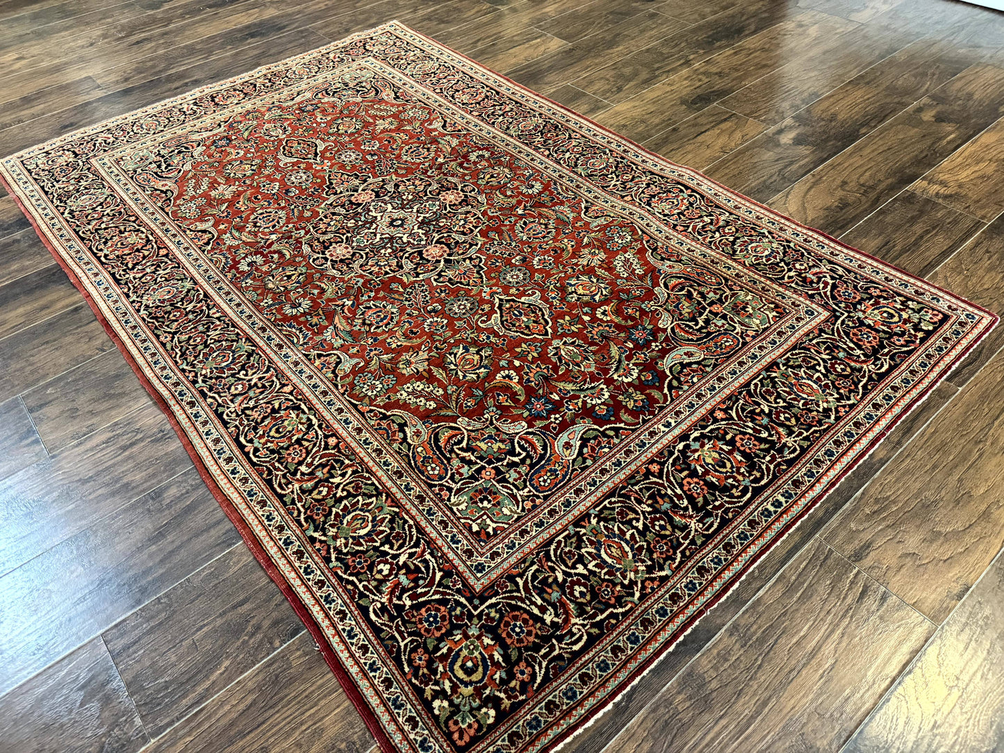 Persian Kashan Rug 4x7, Red and Navy Blue, Floral Antique Carpet