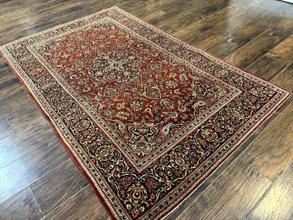 Persian Kashan Rug 4x7, Red and Navy Blue, Floral Antique Carpet