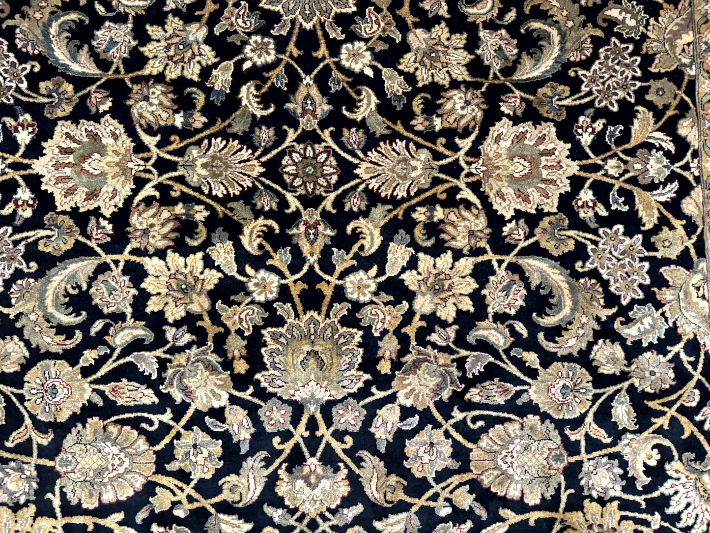 Indo Persian Rug 8x10, Black and Green, Wool, Handmade, Traditional, Floral Allover, Vintage