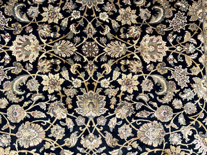 Indo Persian Rug 8x10, Black and Green, Wool, Handmade, Traditional, Floral Allover, Vintage