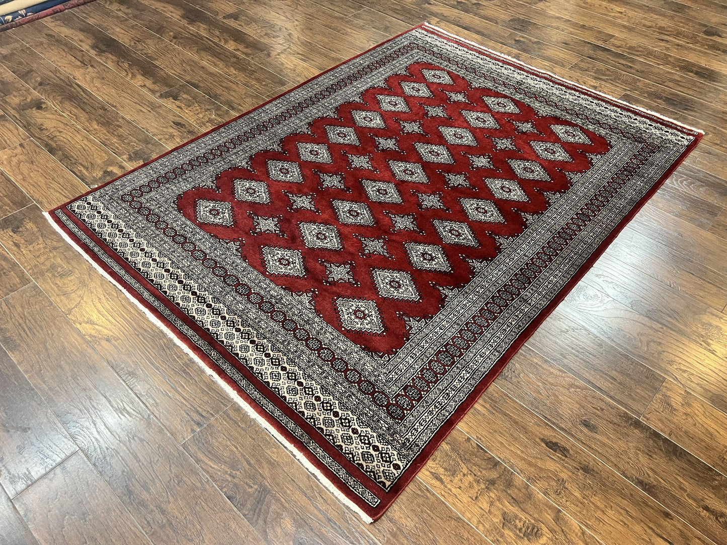 Pakistani Bokhara Rug 6x8, Fine Turkoman Carpet, Wool Handmade Vintage, Red, 6 x 8 Medium Sized Rug, Turkmen Rug