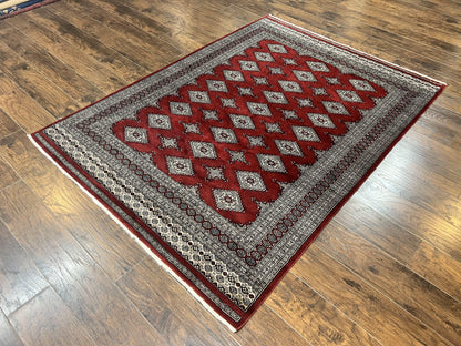 Pakistani Bokhara Rug 6x8, Fine Turkoman Carpet, Wool Handmade Vintage, Red, 6 x 8 Medium Sized Rug, Turkmen Rug