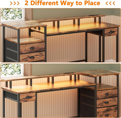 60 Inch Computer Desk With Storage Drawers And LED Lights