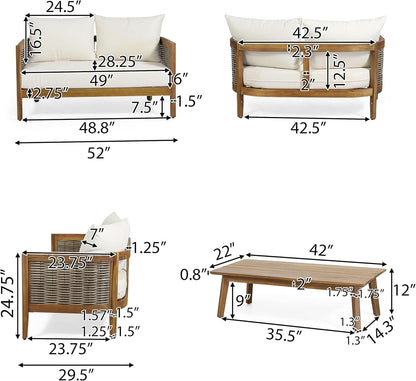 Burchett Outdoor 4 Piece Chat Set Acacia Wood And Wicker Teak Brown Beige